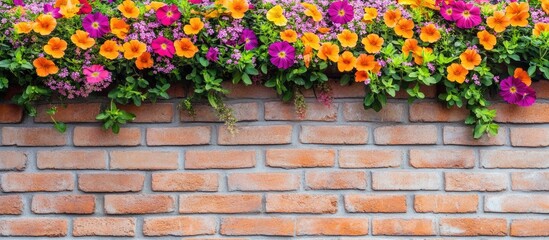 Colorful Flowers Blooming on Rustic Brick Wall Creating a Beautiful Nature Contrast with Space for Text or Messages