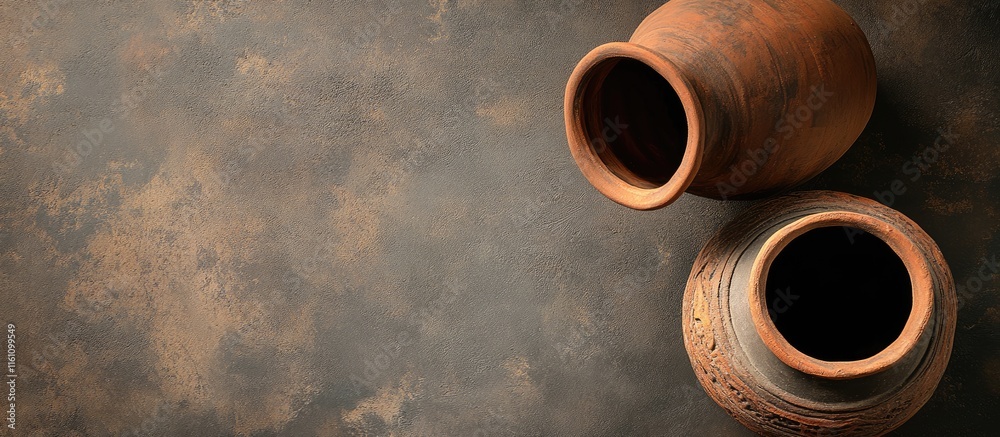 Poster top view of two rustic clay jugs suitable for plant decoration with empty space for text and artisti