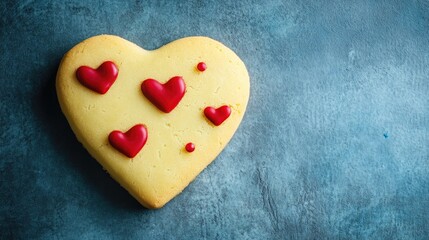 Obraz premium Heart shaped yellow sugar cookie adorned with red heart decorations ideal for Valentine's Day greeting cards or festive wallpaper designs