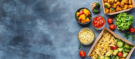 Delicious snack pasta meal with assorted appetizers in lunch boxes and fresh ingredients on a textured background with space for text