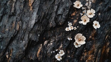 Minimalist close-up of delicate mushrooms growing on rugged tree bark showcasing nature's intricate details and textures