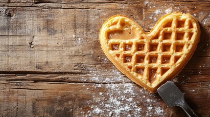 Heart shaped waffle creation on wooden surface with a metal spatula and dusting of powdered sugar