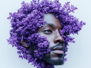 A surreal portrait of a person with a floral hairstyle made of vibrant purple flowers.
