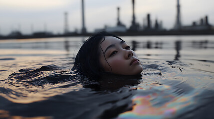 Fototapeta premium Oil Spill Catastrophe Concept with Fashion Model. Environmental disaster and pollution awareness. Abstract storytelling for ecological issues.