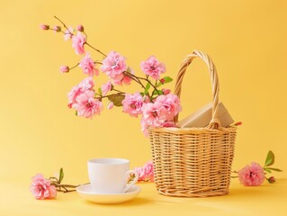 Wicker basket with flowers, coffee cup and loaf of bread on a yellow background.