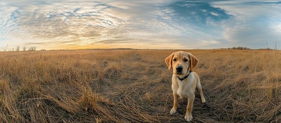 Puppy exploring an autumn landscape with expansive skies and grass fields ideal for text overlay or promotional content.