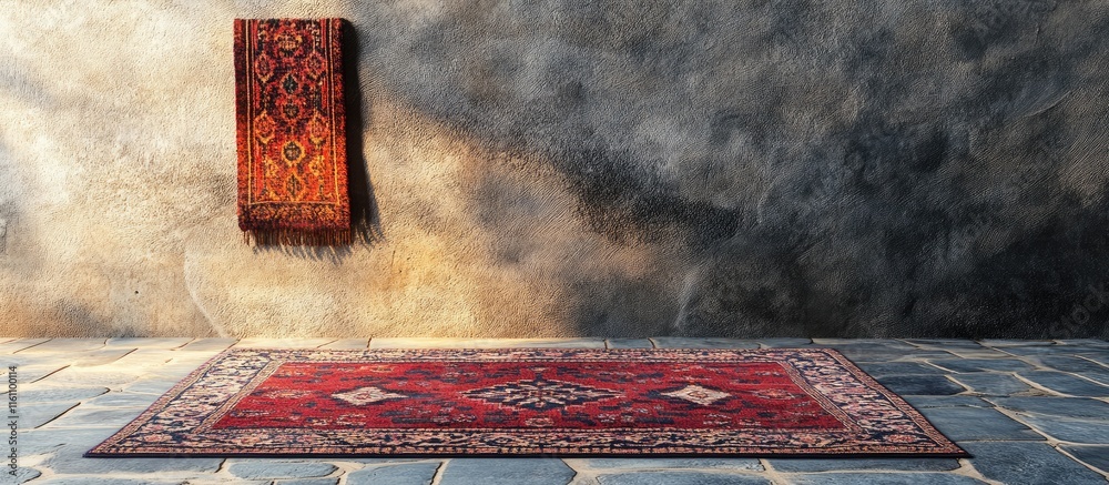 Poster elegant persian rug on textured stone floor with blank space for customizable text and design elemen
