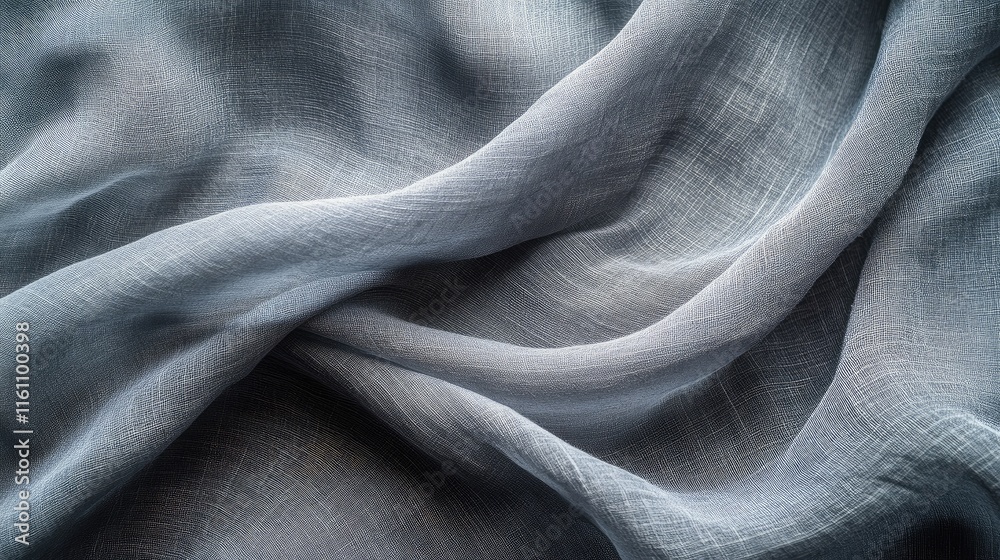 Poster soft gray fabric draped texture with light filtering through sheer curtains creating a calming and s