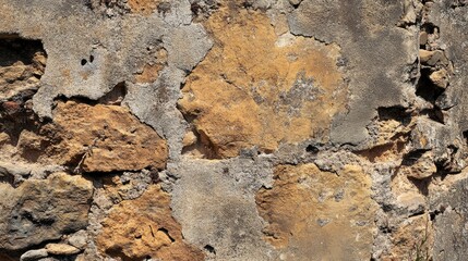 Fototapeta premium Worn textured stone wall of an ancient castle tower showcasing weathered surfaces and historical architecture details