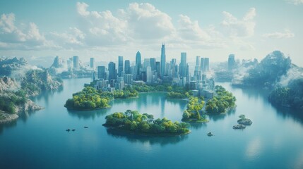 A futuristic cityscape surrounded by water and greenery, showcasing a harmonious blend of nature and urban architecture under a clear sky.