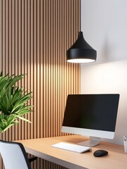 Fototapeta premium Minimalist Modern Workspace with Plant and Computer - Modern minimalist home office setup. Features a computer, plant, and stylish lighting, symbolizing productivity, nature, design, calm and technolo