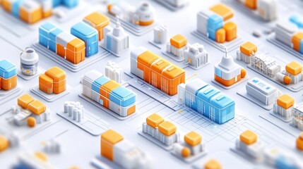 Obraz premium A colorful, abstract representation of a city layout featuring modular structures and pathways, emphasizing design and organization.