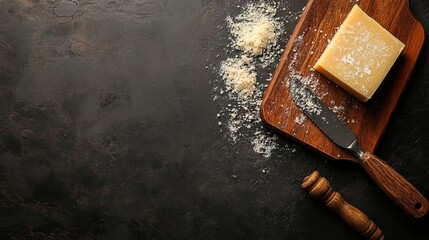 Parmesan cheese with board and knife on table. Space for text