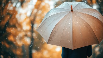 Person Standing Under a Large Umbrella as Raindrops Fall on a Rainy Day in a Vibrant Autumn Setting