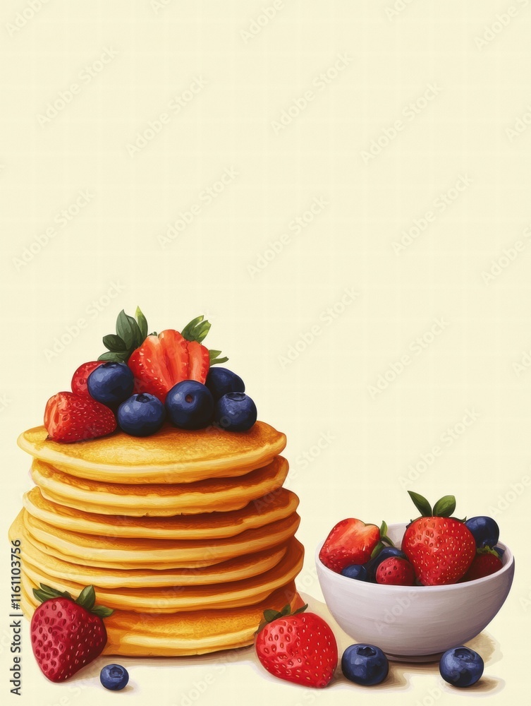 Poster delightful stack of golden pancakes with fresh strawberries and blueberries ready for breakfast enjo
