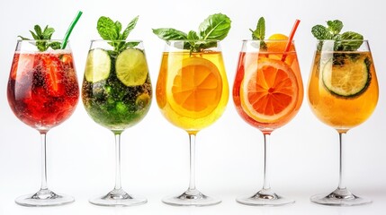 Refreshing Colorful Cocktails in Elegant Glasses with Fresh Ingredients