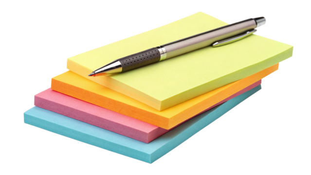 Colorful Sticky Notes, Pen, Office Supplies, Memo Pads, Writing Tools On Transparent Background