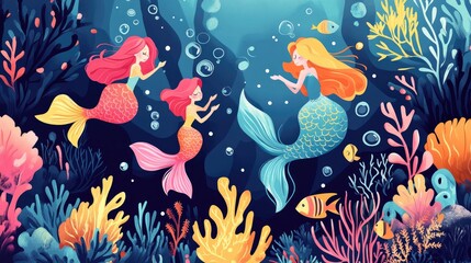 Fototapeta premium Three Mermaids Swim Gracefully Among Vibrant Coral Reefs