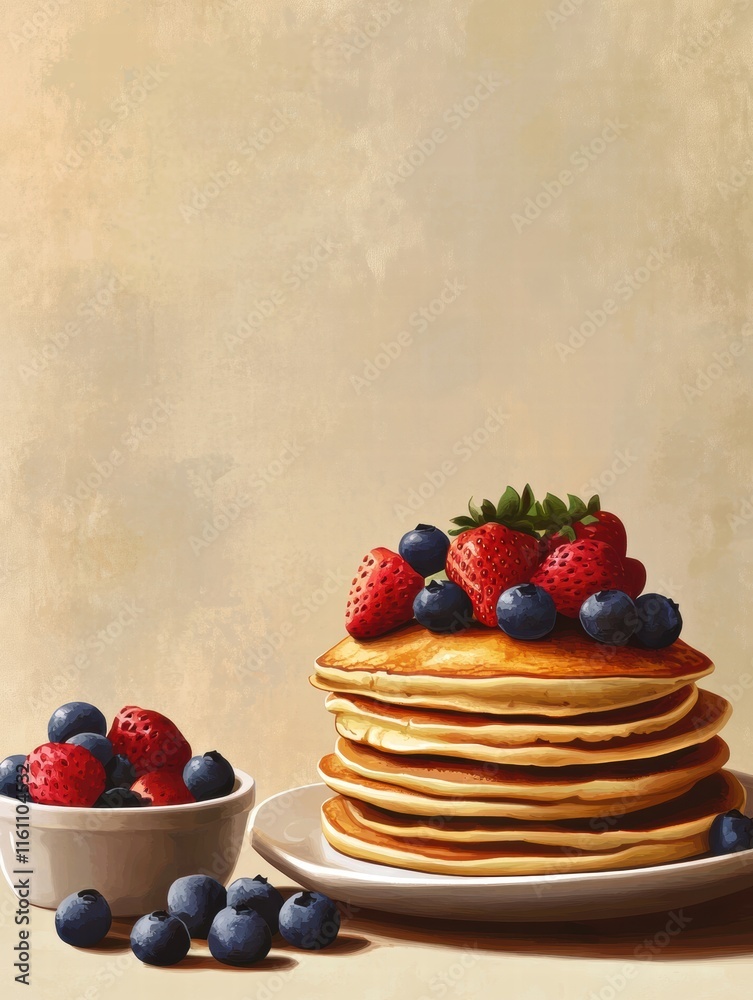 Poster Golden pancakes with fresh strawberries and blueberries waiting to be enjoyed with plenty of room for text on the side. Generative AI