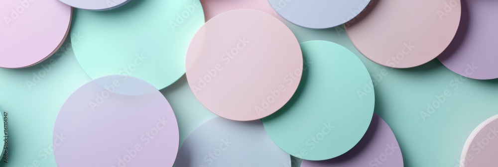 Poster Abstract overlapping semi transparent circles in pastel tones with copy space for creative designs and text placement. Generative AI