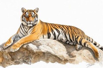 Fototapeta premium A realistic illustration of a tiger resting on a rock, showcasing its vibrant fur and features.