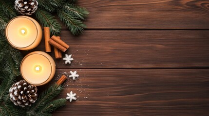 Cozy Winter Atmosphere with Candles, Pine Cones, and Cinnamon Sticks