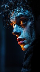 Close-up of actor in character costume backstage with expressive features