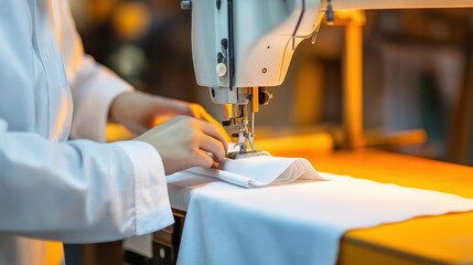 Tailor Adjusts Fabric on Sewing Machine in Brightly Lit Workspace During Busy Day of Garment Creation and Design