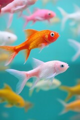 Fototapeta premium Two fish, one orange and one white, swim in a tank with other fish. The orange fish is looking at the camera, while the white fish is swimming away. The tank is filled with a variety of fish