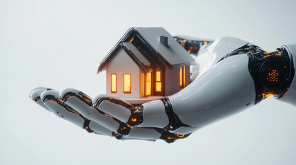 Futuristic Robotic Hand Holding Glowing House for Smart Home Technology Concept