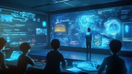 A classroom of the future with students interacting with holographic lessons