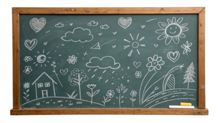 Chalkboard Drawing Childs Happy Scene on Transparent Background, Isolated On Transparent Background, Png Cut Out
