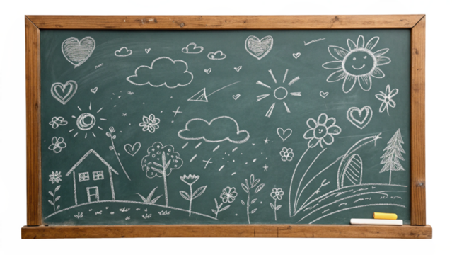 Chalkboard Drawing Childs Happy Scene on Transparent Background