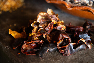 Guajillo chile from Oaxaca soaked after roasting to prepare a mole coloradito red in Mexico.