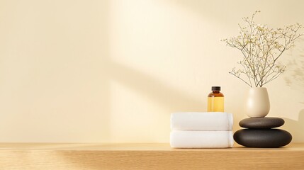 Relaxing spa setting with towels and essentials.