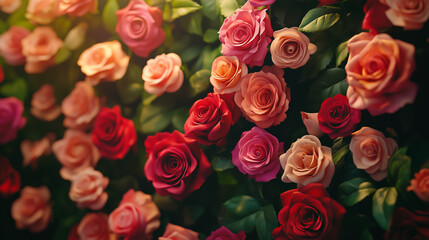 Obraz premium Vibrant Rose Garden with Blooming Red, Pink, and Peach Roses for Romantic and Nature-Themed Concepts