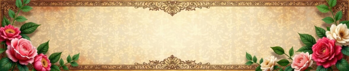 Ornate vintage paper with golden antique border, featuring elaborate floral patterns and intricate designs, elegant look, floral pattern, leather bound book