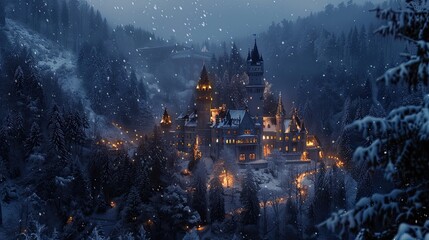Naklejka premium Castle in the snowy Mountains at night