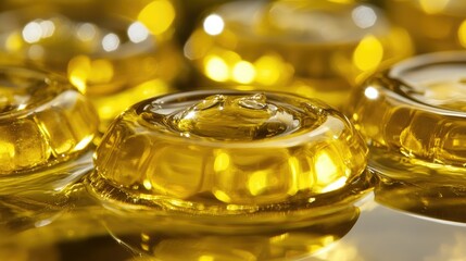 Close-up of golden, translucent, viscous liquid drops.