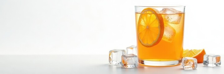 Refreshing orange soda, ice cubes, white background, refreshment, tasty