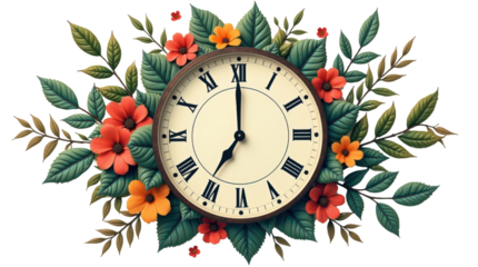 Floral clock display nature scene art piece vibrant colors close-up view timekeeping concept