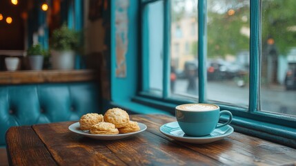 Cozy cafe setting with a cup of coffee and cookies on a wooden table by the window