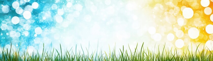 Fototapeta premium Vibrant Abstract Background Featuring Soft Bokeh Lights on a Gradient from Blue to Yellow with Fresh Green Grass at the Bottom Edge for Creative Designs and Projects