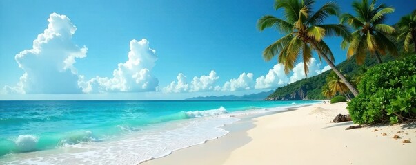 Serene ocean waves gently lap against the shore of a pristine beach where a solitary tree stands tall amidst swaying palm fronds , nature, trees, palm