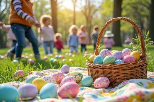 Children celebrating easter egg hunt in sunlit park with decorated baskets - Powered by Adobe