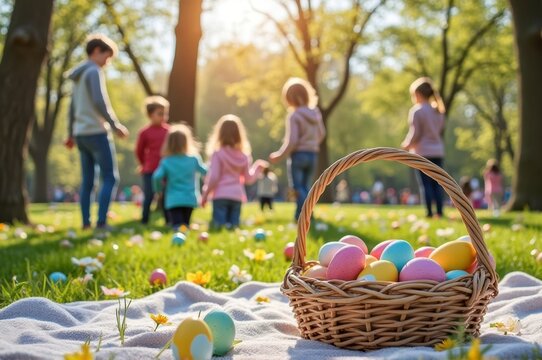 Colorful easter egg hunt in sunlit park with families and children