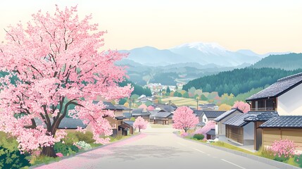 A magnificent and beautiful cherry blossom tree standing alone, with a peaceful and beautiful view of a Japanese village