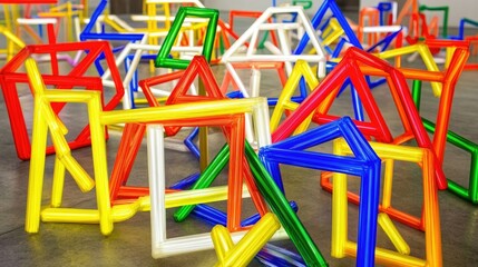 Colorful balloon structures in a chaotic arrangement on a floor.