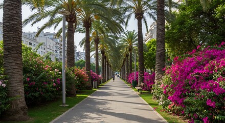 Palm trees line a paved walkway through a city park.  Vibrant flowers and bougainvillea enhance the landscaping.