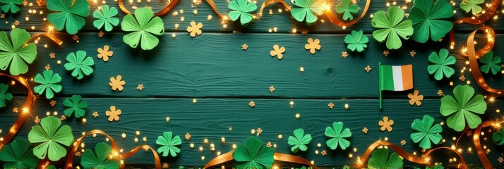 St. patrick's day festive green shamrocks and irish flag celebration